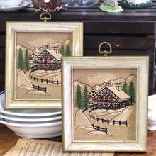 Load image into Gallery viewer, Pair of Vintage Chalet Crewel Embroidery Wall Art