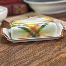 Load image into Gallery viewer, 1950s Vernonware Homespun Butter Dish, Green and Yellow Gingham Plaid