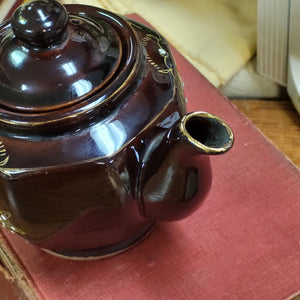 1950's Small Individual Moriage Floral Pattern Redware Brown Teapot