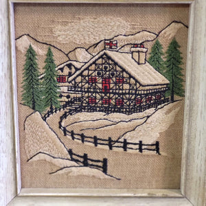 Pair of Vintage Chalet Crewel Embroidery Wall Art