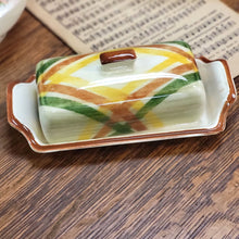 Load image into Gallery viewer, 1950s Vernonware Homespun Butter Dish, Green and Yellow Gingham Plaid
