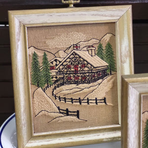 Pair of Vintage Chalet Crewel Embroidery Wall Art