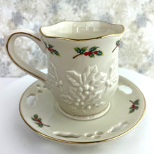 Load image into Gallery viewer, Partylite Teacup and Saucer Sets - Set of 2 Holiday P7257 Holly Leaf Tea Light Holders Cup and Saucer
