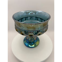 Load image into Gallery viewer, Indiana Glass King&#39;s Crown Blue Iridescent Compote Bowl, Thumbprint Carnival Glass Candy Dish