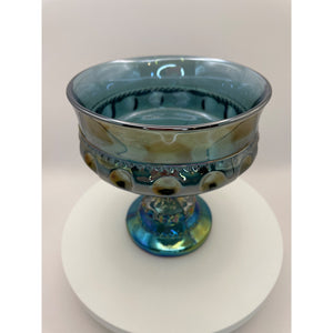 Indiana Glass King's Crown Blue Iridescent Compote Bowl, Thumbprint Carnival Glass Candy Dish