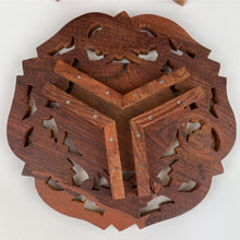 Load image into Gallery viewer, Vintage Indian Wood Ornate Hand Carved Folding Wooden Plant Stand on 3 Legs with Inlaid Floral Design