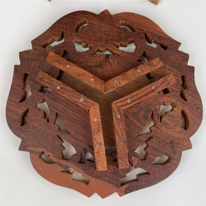 Vintage Indian Wood Ornate Hand Carved Folding Wooden Plant Stand on 3 Legs with Inlaid Floral Design