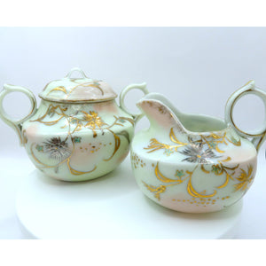 Vintage Nippon Style Moriage Creamer & Sugar Bowl Set Hand Painted Gold Floral