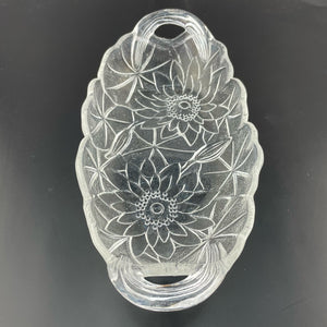 Vtg Indiana Glass Sunflower Relish Tray, Pressed Clear Glass Textured Bowl, Sunflower Pattern Handled Dish