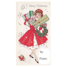 Load image into Gallery viewer, Retro Gift Tag Stickers, Vintage Inspired Girl Christmas Gift To and From Stickers