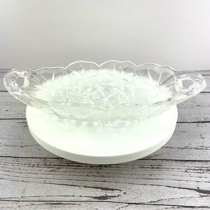 Vtg Indiana Glass Sunflower Relish Tray, Pressed Clear Glass Textured Bowl, Sunflower Pattern Handled Dish