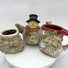 Load image into Gallery viewer, Small Glazed Pottery Snowman Teapot with Santa Cream and Sugar