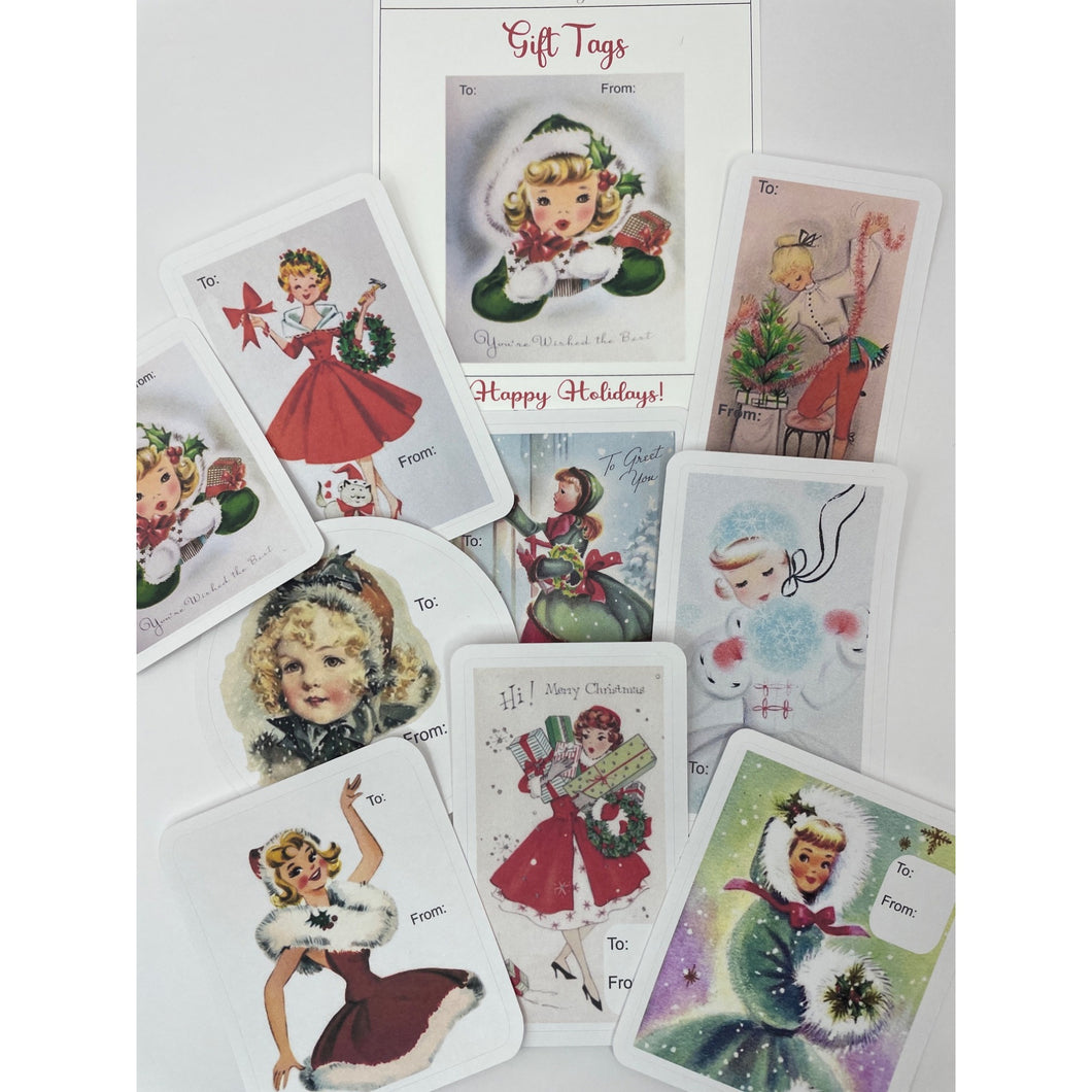 Retro Gift Tag Stickers, Vintage Inspired Girl Christmas Gift To and From Stickers