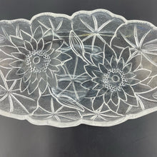 Load image into Gallery viewer, Vtg Indiana Glass Sunflower Relish Tray, Pressed Clear Glass Textured Bowl, Sunflower Pattern Handled Dish