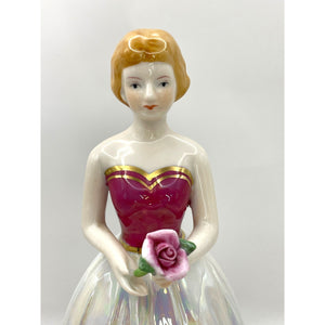 Vintage Porcelain Luster Girl Figurine, Ball Gown with Rose Details