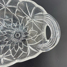 Load image into Gallery viewer, Vtg Indiana Glass Sunflower Relish Tray, Pressed Clear Glass Textured Bowl, Sunflower Pattern Handled Dish