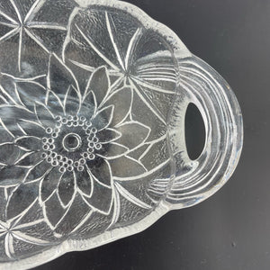Vtg Indiana Glass Sunflower Relish Tray, Pressed Clear Glass Textured Bowl, Sunflower Pattern Handled Dish