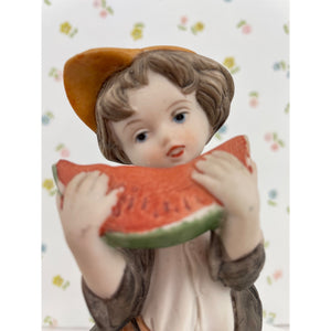 Capodimonte Porcelain Boy Eating Watermelon Figurine, Hand Painted Italian Boy