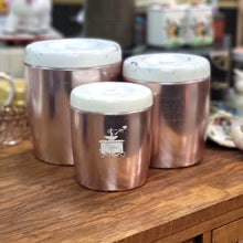 Load image into Gallery viewer, Vintage West Bend Rose Aluminum Canisters - Set of 3 Retro Metal Kitchen Canisters