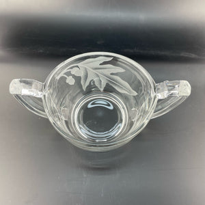Vintage Oak Leaf Etched Glass Sugar Dish Trophy Handled Leaf and Acorns Sugar