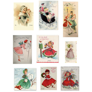 Retro Gift Tag Stickers, Vintage Inspired Little Girl Christmas Gift To and From Stickers