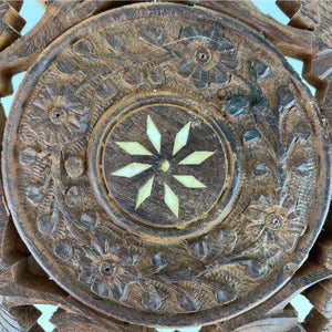 Vintage Indian Wood Ornate Hand Carved Folding Wooden Plant Stand on 3 Legs with Inlaid Floral Design