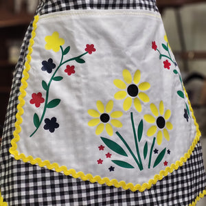 Hand-made Cotton Black and White Gingham and Daisy Half-Apron