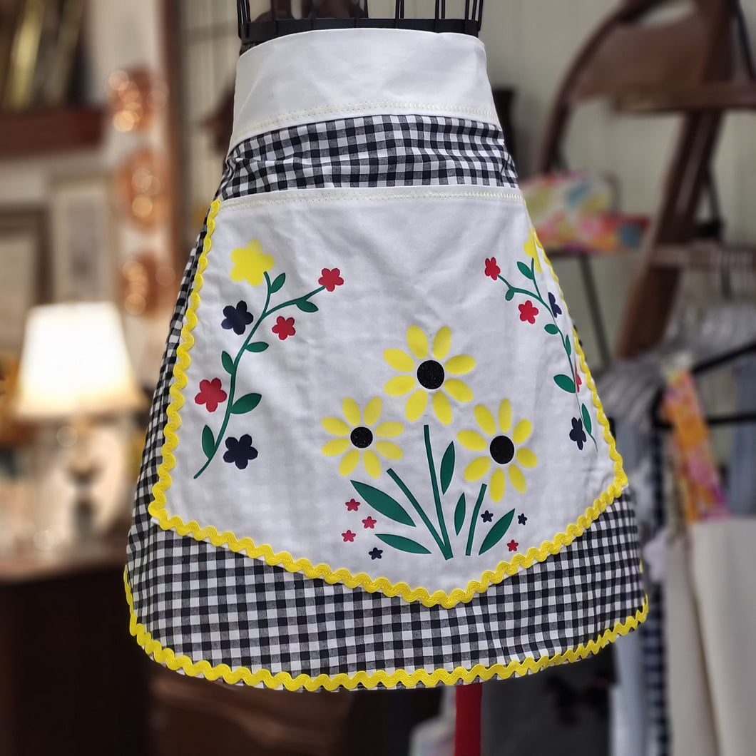 Hand-made Cotton Black and White Gingham and Daisy Half-Apron