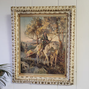 Vintage Print Titled "Following The Tribe" in a White & Gold Ornate Frame
