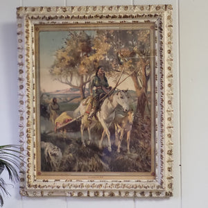 Vintage Print Titled "Following The Tribe" in a White & Gold Ornate Frame