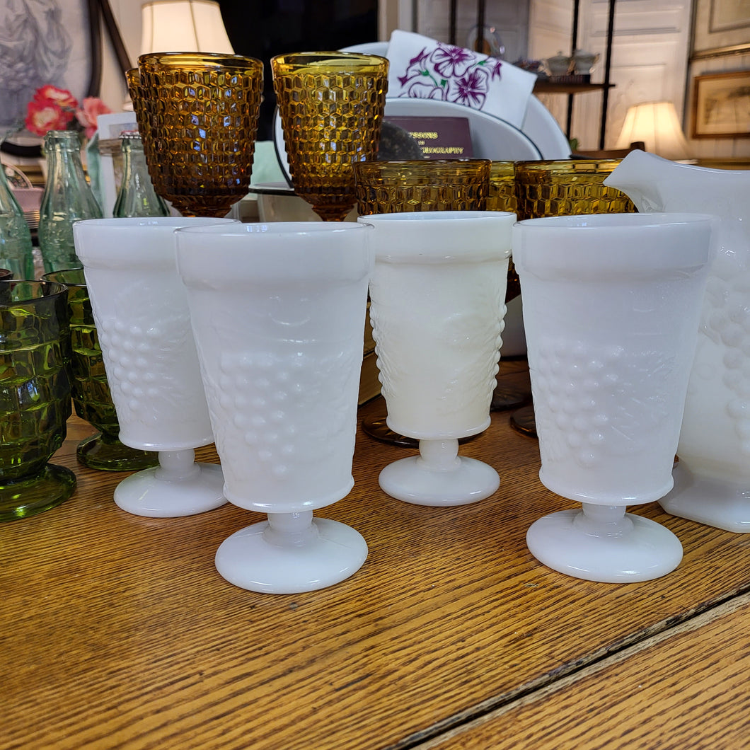 Anchor Hocking Fire King Goblets Vintage Mid Century Milk Glass Goblets with Grape Design, Set of 4 Parfait Cups