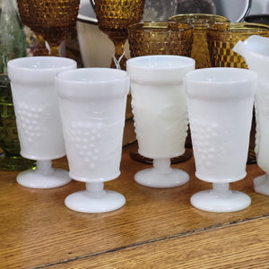 Anchor Hocking Fire King Goblets Vintage Mid Century Milk Glass Goblets with Grape Design, Set of 4 Parfait Cups