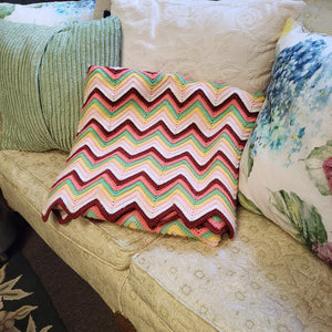 Handmade Crocheted Afghan/Blanket Zig Zag Multi-Colored Pattern
