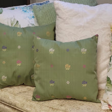 Load image into Gallery viewer, Handmade Green 16&quot; Decorative Pillows with Machine Embroidered Floral Designs