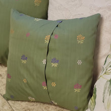 Load image into Gallery viewer, Handmade Green 16&quot; Decorative Pillows with Machine Embroidered Floral Designs