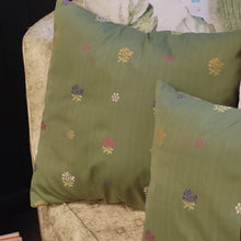 Load image into Gallery viewer, Handmade Green 16&quot; Decorative Pillows with Machine Embroidered Floral Designs