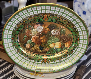 Daher Vintage Tin Oval Platter of Victorian Floral/Fruit Design Made in England