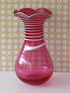 Vintage Cranberry Vase with White Raised Spiral Accent