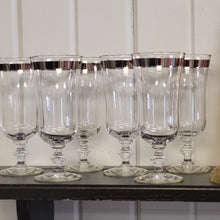 Load image into Gallery viewer, Vintage Platinum Rim Water Goblets by Libbey Glass Co. 8000-3, Platinum Band Cocktail Glasses, Footed Parfait Glasses