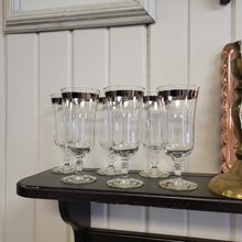 Load image into Gallery viewer, Vintage Platinum Rim Water Goblets by Libbey Glass Co. 8000-3, Platinum Band Cocktail Glasses, Footed Parfait Glasses