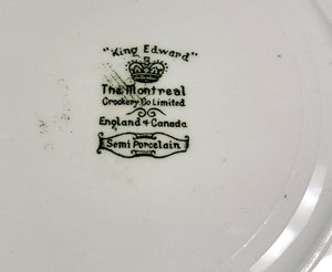 Semi Porcelain King Edward "The Montreal Crockery Co" England & Canada Limited Dinner Plate