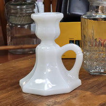 Load image into Gallery viewer, Vintage Milk Glass Candlestick Holder, Octagonal Base with Finger Loop Paneled Design