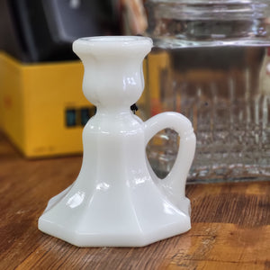 Vintage Milk Glass Candlestick Holder, Octagonal Base with Finger Loop Paneled Design