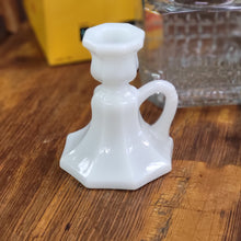 Load image into Gallery viewer, Vintage Milk Glass Candlestick Holder, Octagonal Base with Finger Loop Paneled Design