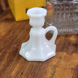 Vintage Milk Glass Candlestick Holder, Octagonal Base with Finger Loop Paneled Design