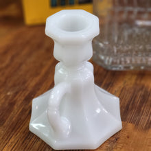 Load image into Gallery viewer, Vintage Milk Glass Candlestick Holder, Octagonal Base with Finger Loop Paneled Design