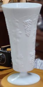 Large Milk Glass Vase with Raised Pattern of Grapes, Leaves and Vines