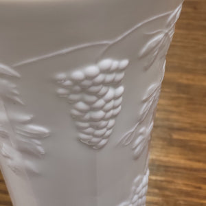 Large Milk Glass Vase with Raised Pattern of Grapes, Leaves and Vines