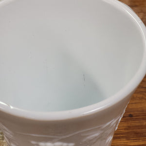 Large Milk Glass Vase with Raised Pattern of Grapes, Leaves and Vines