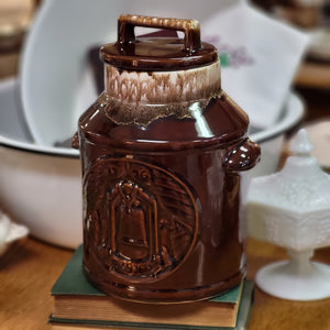 McCoy Brown Drip Glaze Cookie Jar, Commemorative Bicentennial Milk Can Shaped Jar